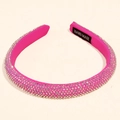 Detailed view of handmade rose pink velvet headband with sparkling white rhinestones - 1.5cm wide / Rose Red
