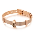 Rose gold mesh watch band bracelet with pineapple, love letter, and zircon slider charms - Pineapple Love Style (KB114075-KHY)