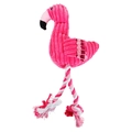 Pink flamingo plush dog toy made of corduroy with durable braided cotton rope legs - Red Flamingo