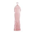 Abito lungo rosa a sirena con scollo all'americana, volant e silhouette aderente - S / Rosa