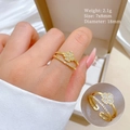 Detail view of gold clover ring with zirconia crystals and specific size measurements - Adjustable Open / Gold (J0098)