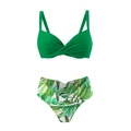 Dreiteiliges hellgrünes Bikini-Set mit tropischem Palmenblatt-Muster und hoher Taille - S / Grüner Bikini