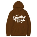 Dark brown hoodie with white Spooky Vibes graphic print and kangaroo pocket - Coffee