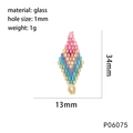 Detailed size specifications for handmade diamond-shaped mosaic bead glass pendant - P06075