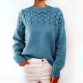 Blue cable knit sweater with long sleeves and detailed texture for women - 3XL / Sky Blue Round Neck