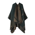 Double-sided forest deer shawl in dark green and brown reversible knit poncho style - One Size / Floral Pattern - Green