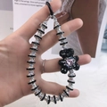 Beaded heart phone strap featuring a black crystal bear charm and pink gemstone accent - Black Crystal 3D Bear Pink Heart