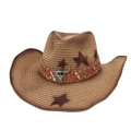Chapeau de paille style western avec tête de taureau argentée et motif d'étoiles de plage - Camel Avec Corde à Vent (Taureau Losange)