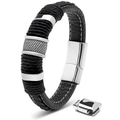 Men's black braided leather bracelet featuring silver metal rings and a magnetic clasp - Single Loop Dotted Rivet / Steel