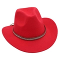 Macro detail of red felt cowboy hat featuring brown band with metallic stud rivets - One Size / Red