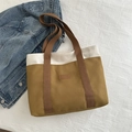 Minimalist bicolor khaki canvas tote bag with brown straps and fashion label tag - Khaki