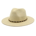 Light beige straw fedora hat featuring a stylish black and gold metal chain band - M (56-58cm) / Beige