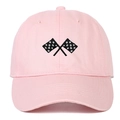 Pink cotton baseball cap featuring embroidered racing flags with curved brim for casual wear - Pink