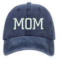 Close-up of navy blue washed cotton baseball cap with green MOM embroidery detail - Washed Navy MOM Embroidery Baseball Cap