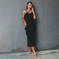 Elegant black multi-layered ruffle midi dress with spaghetti straps and a V-neckline - XL / Black