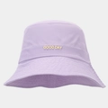 Detail of lavender waterproof bucket hat featuring metal GOOD DAY lettering and stitching - Light Purple
