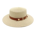 Classic beige straw boater hat with a brown leather band and golden H buckle detail - M (56-58cm) / Beige
