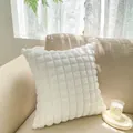 Minimalist white plush throw pillow with checkered texture on a cozy sofa - Rabbit Fur Grid White
