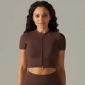 Dark brown seamless ribbed sports crop top with high neck and front zipper closure - S / Tops / Brown
