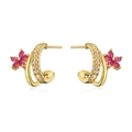 Detailed macro view of 18K gold plated C-shaped earrings with magenta floral gemstone accents - Magenta Flower / Gold/Magenta