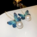 Pendientes de lujo con mariposa azul degradada y perla blanca grande en acabado oro - 13# Azul & Mariposa Blanca