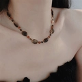 Vintage tiger eye stone beaded necklace with gold sun pendant on model - 33# Necklace-Brown-Real Gold Plated
