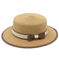 Classic straw boater hat for women with cream ribbon and brown bow detail for beach wear - Khaki