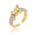 Macro detail of gold-plated knot ring featuring micro-paved cubic zirconia accents - Knot Twist Design Rhinestone Ring (J1529)