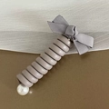 Grey telephone wire hair tie with ribbon bow and white pearl accent for women - Light Gray [Fabric Bow]