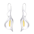 Elegant silver calla lily drop earrings with yellow stamen accents on a white background - Silver Color with Gold Stamen (N-1056)