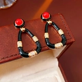 Vintage water drop earrings with red enamel stud and black gold-rimmed zircon accents - Silver Earring Post Black Vintage Rhinestone Stud Earrings