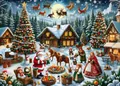 Christmas countdown puzzle blind box with 1008 pieces featuring Santa and reindeer scene - Christmas Night Log Cabin Panorama Style (GL-109)