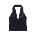 Marineblauwe haltervest met contrasterende biezen en strikdetails op een witte basis - XS / Marineblauw