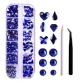 Deep blue mixed shape nail art rhinestones set with wax pen and tweezers in 12-grid box - Dark Blue with Tweezers & Pen (ZSHZ-205 with Tools)