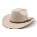 Classic cream felt western cowboy hat featuring a brown woven leather band and curved brim - M (56-58cm) / Off White