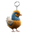 Close-up of 3D colorful rooster keychain accessory with silver metal ring on white background - Variegated Painted Bird
