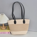 Striped woven cotton tote bag in beige and brown with black leather shoulder straps - Striped/No Zipper / Black Strap/Creamy White & Brown