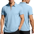 Detalle de polo azul claro en tejido de punto texturizado con cuello interior naranja - S / Azul claro