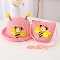 Pink straw sun hat and crossbody bag set for kids with cute cartoon bee decorations - Hat + Bag Set / Watermelon red
