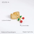 Bague dorée multicouche en acier inoxydable avec pendentif cerise et anneau ajustable - Pendentif Cerise Rouge Vert-Bande Creuse à Cinq Couches