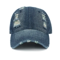 Detail of distressed navy denim baseball cap with rainbow stitching and ripped edges - One Size(Adjustable) / Dark Blue