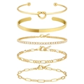 5-teiliges vergoldetes Armband-Set mit Büroklammerkette, Knoten und breitem Armreif - Gold (Knoten-Perlenarmreif/Glatter Armreif/Weiße Zirkonia-Tenniskette/Figarokette/Büroklammerkette)