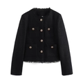 Detail of black tweed jacket with golden embossed buttons and fringed hem edges - XS / Black
