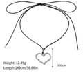 Minimalist long black cord necklace featuring a hollow silver heart pendant and bow tie knot - Hollow Heart Rope Chain (asfcv)