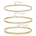 Three-piece layered gold Cuban and snake chain bracelet set for women on white background - Golden Thin Woven, Snake and Cuban Chain Set