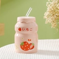 Pink ceramic mug shaped like a juice bottle with strawberry prints and glass straw - (Boxed) Strawberry