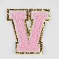 Pink chenille embroidered letter V passport patch with shimmering gold sequin border - Letter V
