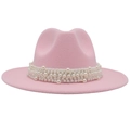 Detail of pink wool fedora hat featuring multi-layer white pearl decorative bands - Pink (Large Pearl)