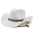 White straw cowboy hat with brown leather belt and chin strap for sun protection - Pure White