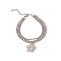 Detail view of layered silver curb chain bracelet with flower charm and size dimensions - Five-Petal Flower Pendant Multilayer Chain (NB-B1086)